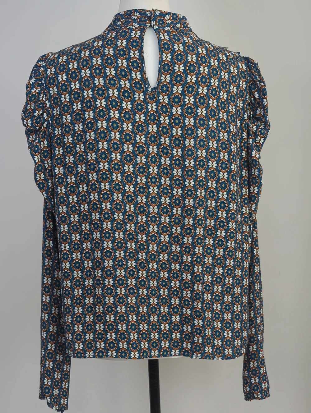 NWT Zara Boho Floral Medallion High Neck Long Puff Sleeve Blouse Teal LARGE